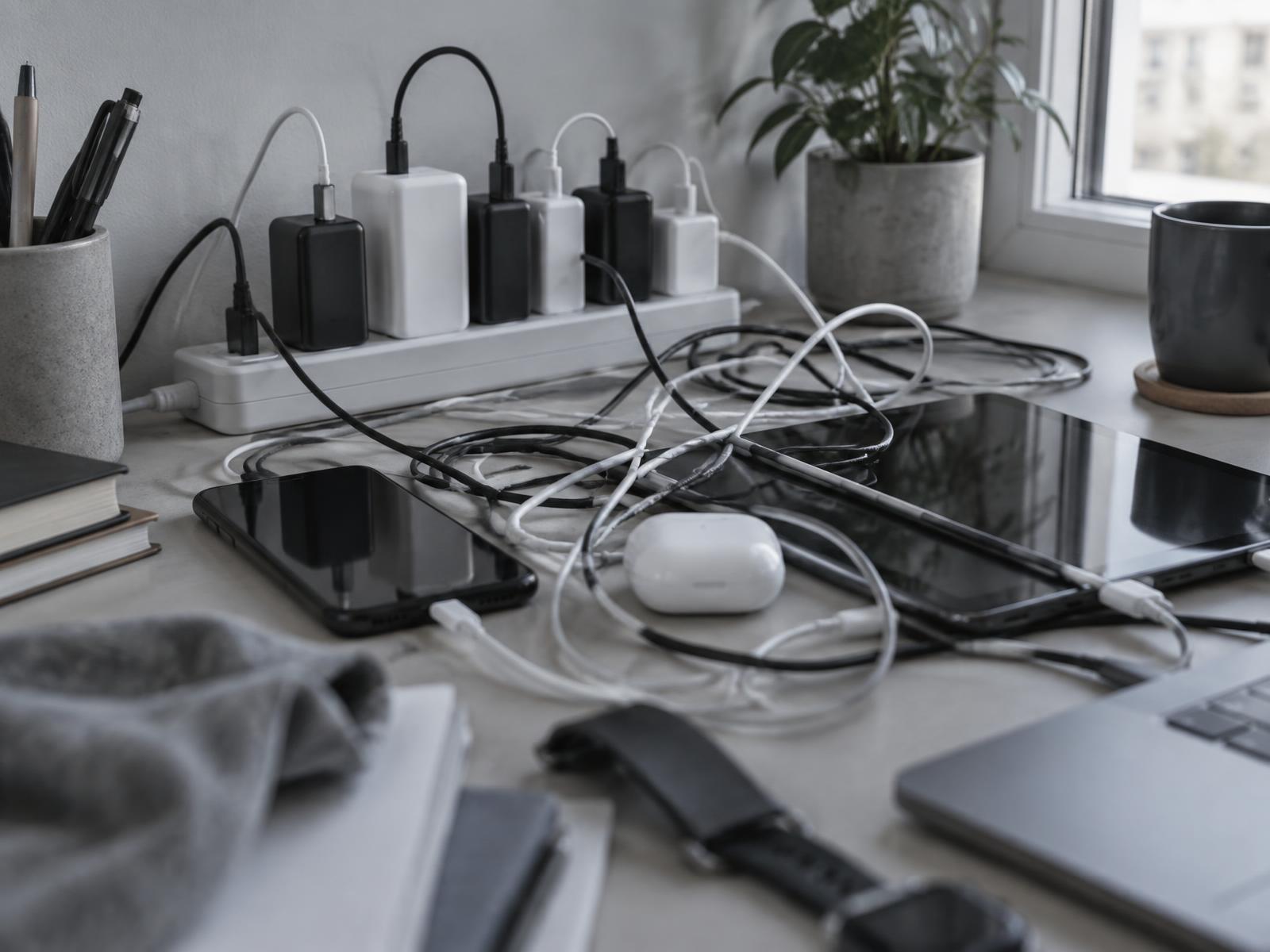 A desk crowded with mismatched charging bricks and tangled cables