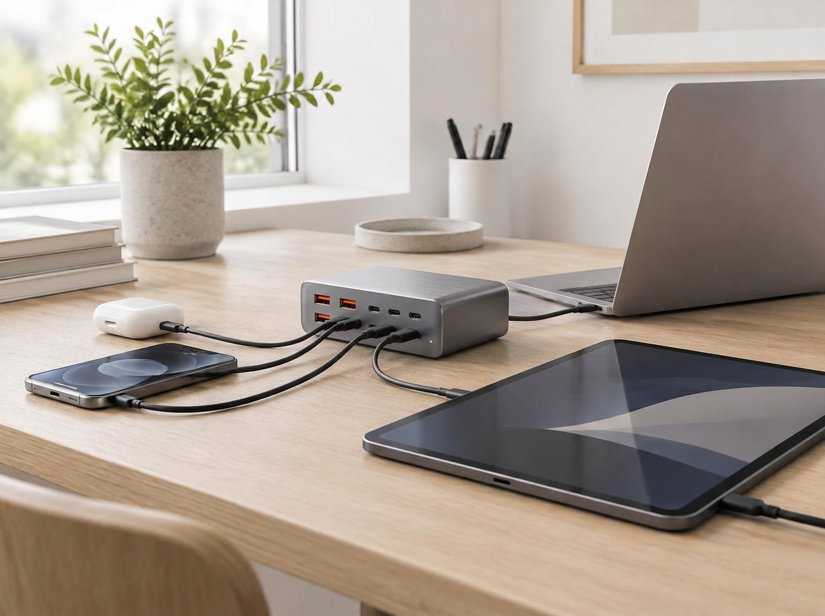 PowerNorth charging station on a desk powering a laptop, phone, tablet and earbuds