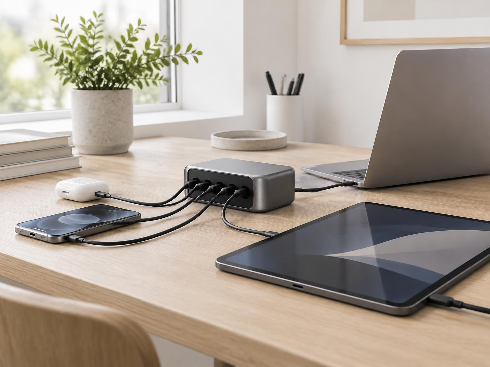 PowerNorth charging station on a desk powering a laptop, phone, tablet and earbuds