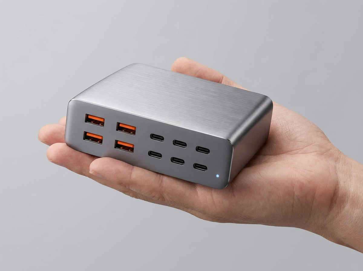 The compact PowerNorth charging station held in one hand to show its size