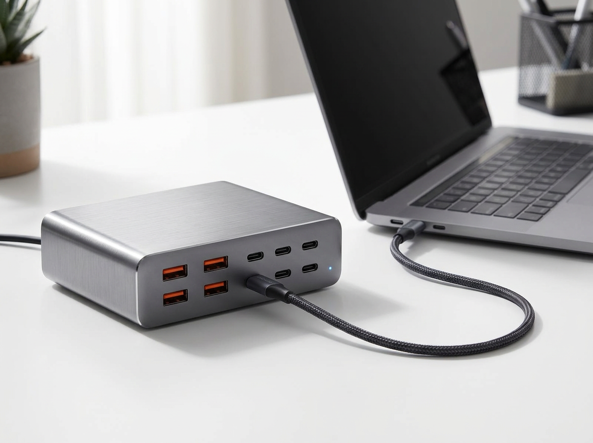 Charging station on a white desk with a USB-C cable running into an open laptop