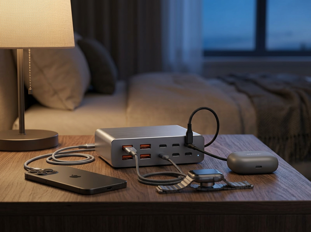Charging station on a bedside table charging a phone, smartwatch and earbuds case
