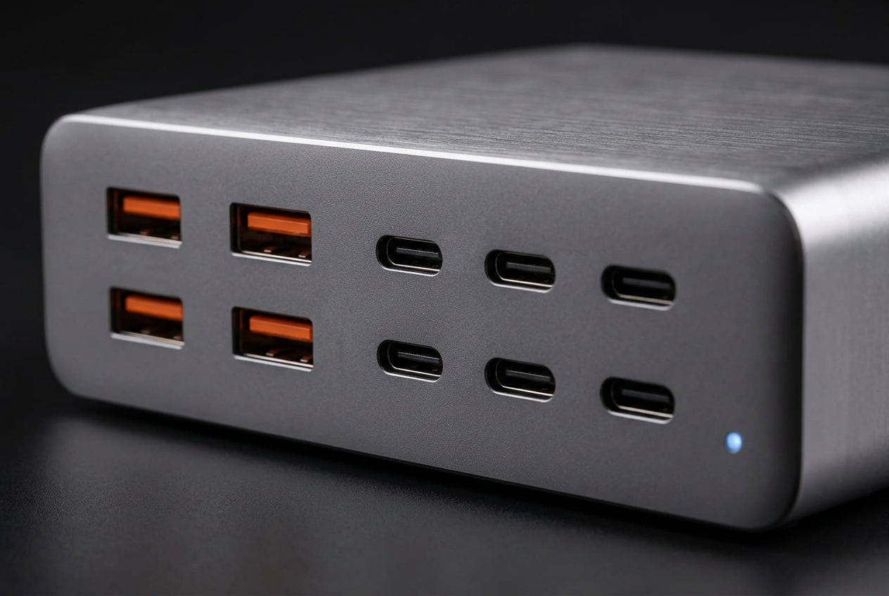 Close-up of the USB-C and USB-A ports on the PowerNorth charging station