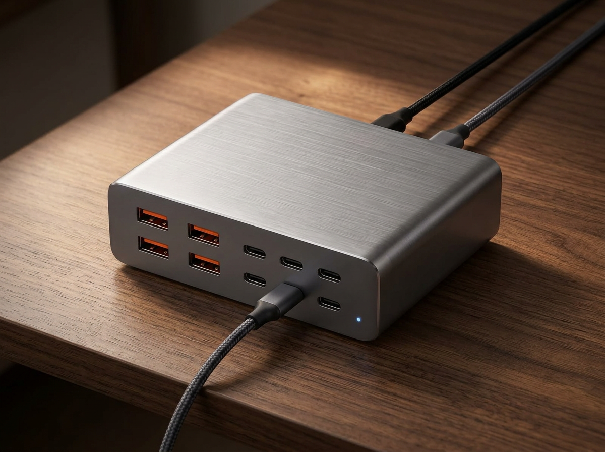 PowerNorth charging station on a dark walnut desk with braided USB-C cables connected